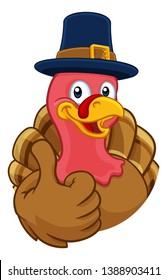 Pilgrim Turkey Thanksgiving bird animal cartoon character wearing a pilgrims hat giving a thumbs up
