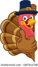Pilgrim Turkey Thanksgiving bird animal cartoon character wearing a pilgrims hat. Peeking around a background sign and giving a thumbs up