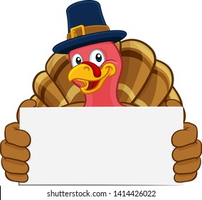 Pilgrim Turkey Thanksgiving bird animal cartoon character wearing a pilgrims hat. Holding a white background sign.