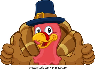 Pilgrim Turkey Thanksgiving bird animal cartoon character wearing a pilgrims hat. Peeking over a background sign and giving a thumbs up