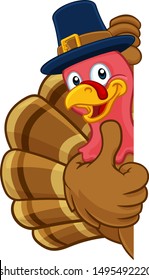Pilgrim Turkey Thanksgiving bird animal cartoon character wearing a pilgrims hat. Peeking around a background sign and giving a thumbs up