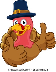 Pilgrim Turkey Thanksgiving bird animal cartoon character wearing a pilgrims hat giving a thumbs up