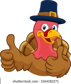 Pilgrim Turkey Thanksgiving bird animal cartoon character wearing a pilgrims hat giving a thumbs up