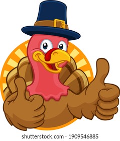 Pilgrim Turkey Thanksgiving bird animal cartoon character wearing a pilgrims hat giving a thumbs up