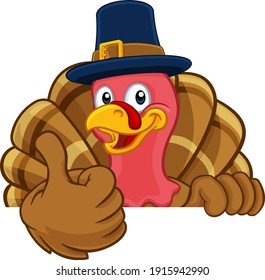 Pilgrim Turkey Thanksgiving bird animal cartoon character wearing a pilgrims hat. Peeking over a background sign and giving a thumbs up