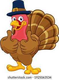 Pilgrim Turkey Thanksgiving bird animal cartoon character wearing a pilgrims hat and giving a thumbs up
