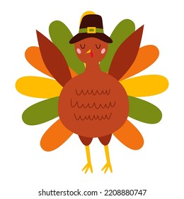 Pilgrim Turkey Thanksgiving. Bird Animal Character Wearing A Pilgrims Hat.