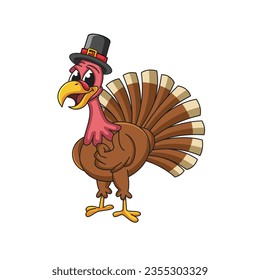 Pilgrim Turkey Thanksgiving bird animal cartoon character wearing a pilgrims hat and giving a thumbs up

