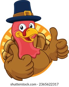 Pilgrim Turkey Thanksgiving bird animal cartoon character wearing a pilgrims hat giving a thumbs up