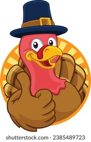 Pilgrim Turkey Thanksgiving bird animal cartoon character wearing a pilgrims hat giving a thumbs up