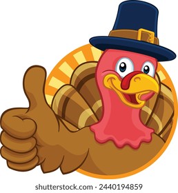 Pilgrim Turkey Thanksgiving bird animal cartoon character wearing a pilgrims hat giving a thumbs up