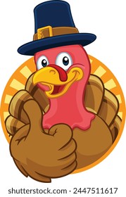 Pilgrim Turkey Thanksgiving bird animal cartoon character wearing a pilgrims hat giving a thumbs up