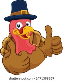 Pilgrim Turkey Thanksgiving bird animal cartoon character wearing a pilgrims hat giving a thumbs up