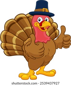 Pilgrim Turkey Thanksgiving bird animal cartoon character wearing a pilgrims hat and giving a thumbs up
