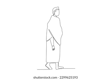 A pilgrim walking in hajj clothes. Hajj pilgrims one-line drawing