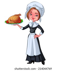 Pilgrim woman with a dish of turkey