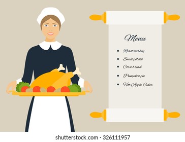 Pilgrim woman with roasted turkey for Thanksgiving Day
