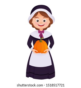 Pilgrim woman thanksgiving costume cartoon vector isolated on white