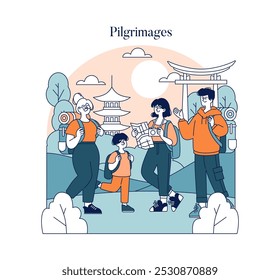 Pilgrimage concept. Family embarks on a spiritual journey, visiting sacred sites with map and enthusiasm. Cultural exploration and bonding experience. Vector illustration.