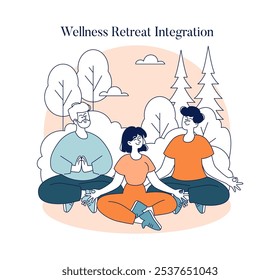 Conceito de peregrinação. Cena tranquila de indivíduos meditando em meio à natureza, transmitindo uma jornada de bem-estar espiritual e reflexão. Ilustração vetorial.