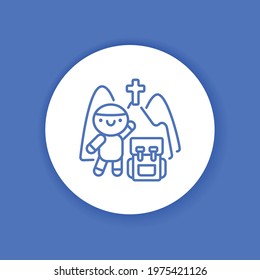 Pilgrimage glyph icon. Cute character with backpack kawaii pictogram. Sign for web page, mobile app, button, logo. Vector isolated element.