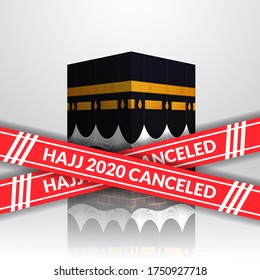 hajj 2020 de peregrinación cancelado para evitar la propagación del brote de covid-19. ciudad de mecca. Ilustración del edificio islámico sagrado de Kaaba con cinta roja cancelada. plantilla de tarjeta de felicitación.