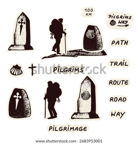 Pilgrimage route map waymarker planning symbol set.
 Hand drawn black and white isolated vector for pilgrims way trail travel route camino icon. 