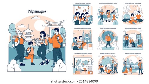 Conjunto de peregrinación. Varios conceptos de viaje modernos para buscadores espirituales y exploradores culturales. Diversos grupos de viajes, herramientas digitales y rutas ecológicas. Ilustración vectorial.