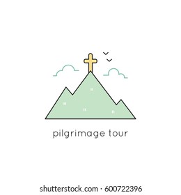 Pilgrimage vector thin line icon. Cross on top of the mountain. Isolated symbol. Logo template, element for travel agency products, tour brochure, excursion banner. Simple mono linear modern design.