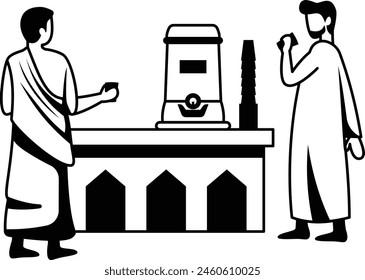 Pilgrims at the Al-Masjid Al-Haram Mosque vector Icon, Eid al-Azha or Eid ul Kabir Symbol, Hajj Sign, Muslims religious Festival Stock illustration, zam zam water drink while wearing Ahram Concept