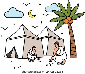 pilgrims to collect between 49 and 70 pebbles from the ground at Muzdalifah concept, Collecting Stones ihramEid al-Azha or Eid ul Kabir Symbol, Hajj Sign, Muslims religious Festival Stock illustration