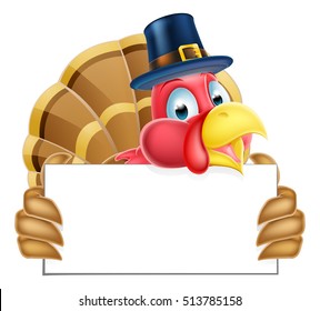 A Pilgrims hat Thanksgiving cartoon turkey holding a sign