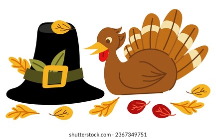 A pilgrim's hat and a turkey in autumn leaves on a white background. Isolated vector details of Thanksgiving in a flat style, mini set for stickers, holiday cards. A moment of reconciliation