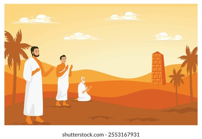 Pilgrims in ihram clothes are praying in the desert. Calm desert landscape background at sunrise. Islamic Hajj Pilgrimage concept. Flat vector illustration.