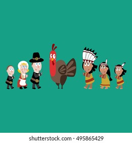 Pilgrims and indians illustration on the green background. Vector illustration