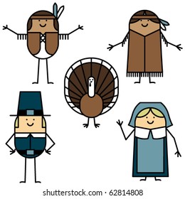 Pilgrims, Native Americans And Turkey Cartoons For Thanksgiving