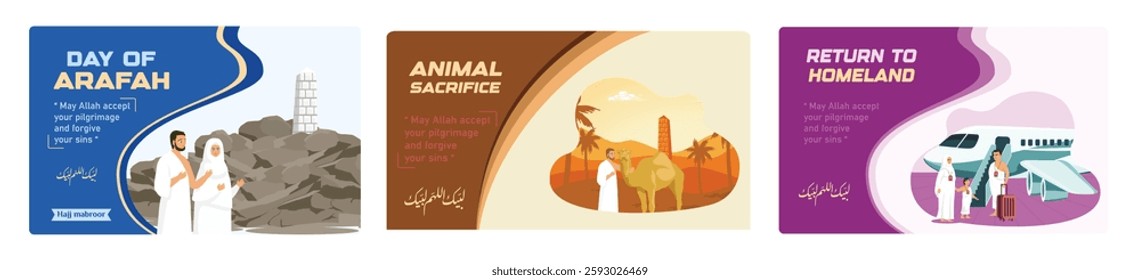 Pilgrims pray on Mount Arafat. A Muslim man sacrifices a camel during the Hajj. Muslim families return to their homeland after completing the Hajj pilgrimage. Islamic Hajj concept.