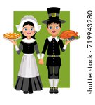 Pilgrims and roast turkey and pumpkin pie. Vector Illustration.
