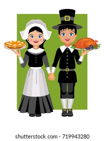 Pilgrims and roast turkey and pumpkin pie. Vector Illustration.