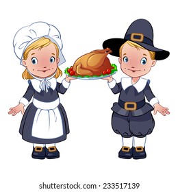 Pilgrims with turkey on a platter. Cartoon characters. Vector clip-art illustration on a white background.