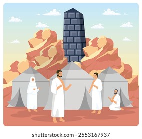 Peregrinos vestindo roupas de ihram descansam em tendas. Fundo do Monte Arafah. Conceito de peregrinação islâmica do Hajj. Ilustração de vetor plano.