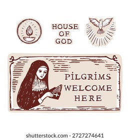 Los peregrinos dan la bienvenida aquí al Anuncio con texto y monja para la ilustración de la Casa de Dios. Conjunto de motivos de Vector dibujado a mano.  Vela y paloma de espíritu santo para el concepto de peregrinación cristiana. Indulgencia plenaria de San Francisco