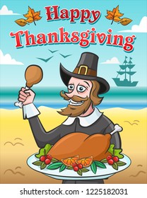 Piligrim costume. Happy thanksgiving day. Greeting card in vector. Happy pilgrim in hat and traditional costume with baked turkey against the ocean.