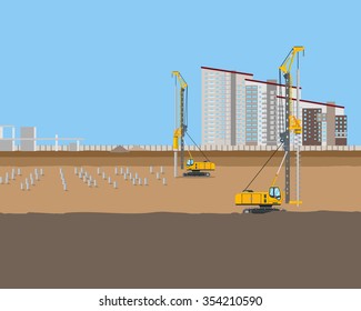 Piling machines installing piles at a construction site for a new home. Vector illustration