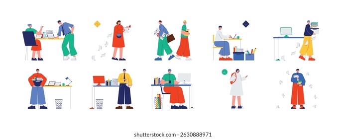 Piling up work in the office makes employees have to work hard, vector illustration of busy people.