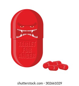 Pill of anger. Red Tablet with a scary face. Medicine with for ferocity. Vector illustration.