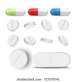 Pill Antibiotic Vector. Medical Treatment Capsule And Drugs Set. Painkiller, Pharmaceutical Antibiotic Pill Icon. Realistic Isolated Illustration