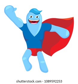 Pill, antibiotic, water droplet character super-hero flying. Isolated on white background. Vector flat cartoon modern style illustration icon drawing, Isolated on white background.