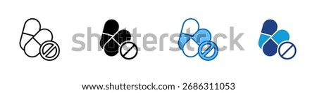 Pill Ban Multiple Style Icon Sheet Design Vector - Pills with forbidden sign, representing drug restriction, medicine prohibition, or pharmaceutical warning
