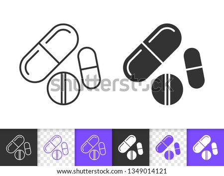 Pill black linear and silhouette icons. Thin line sign of drug. Medicine outline pictogram isolated on white, transparent background. Healthcare Vector Icon shape. Pharmacy simple symbol closeup